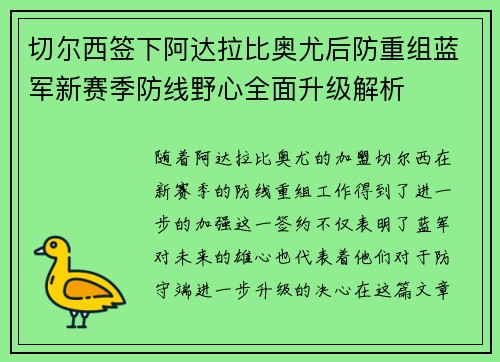 切尔西签下阿达拉比奥尤后防重组蓝军新赛季防线野心全面升级解析