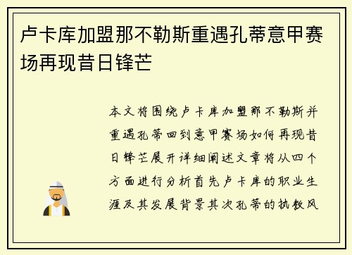 卢卡库加盟那不勒斯重遇孔蒂意甲赛场再现昔日锋芒