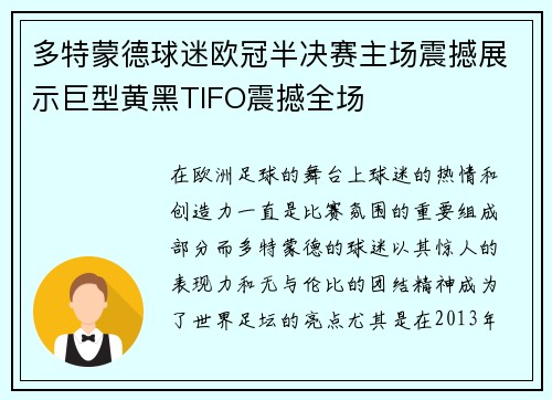 多特蒙德球迷欧冠半决赛主场震撼展示巨型黄黑TIFO震撼全场